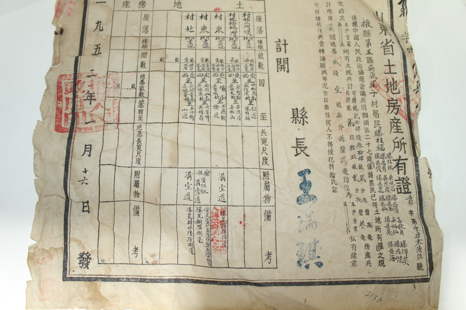 1952년 중국산동성토지방산소유증(山東省土地房産所有證)