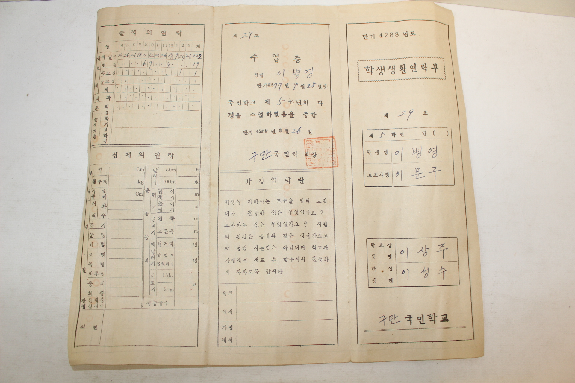 1953년,55년,56년 국민학교 수업증,통신표,성적표 5장