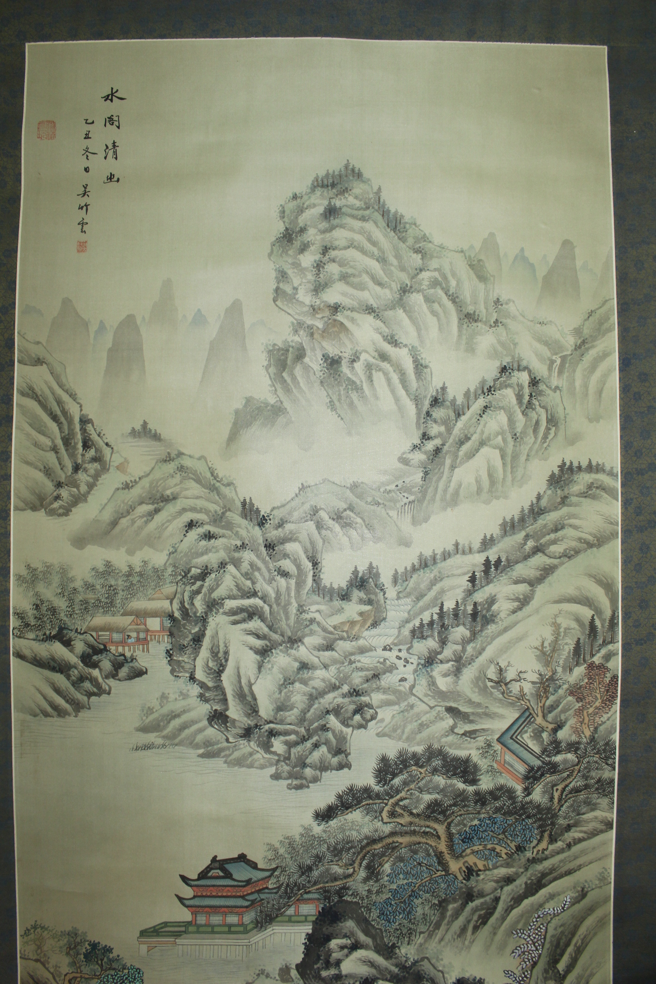 102-중국 베바닥에 그린 대형크기의 산수화 족자