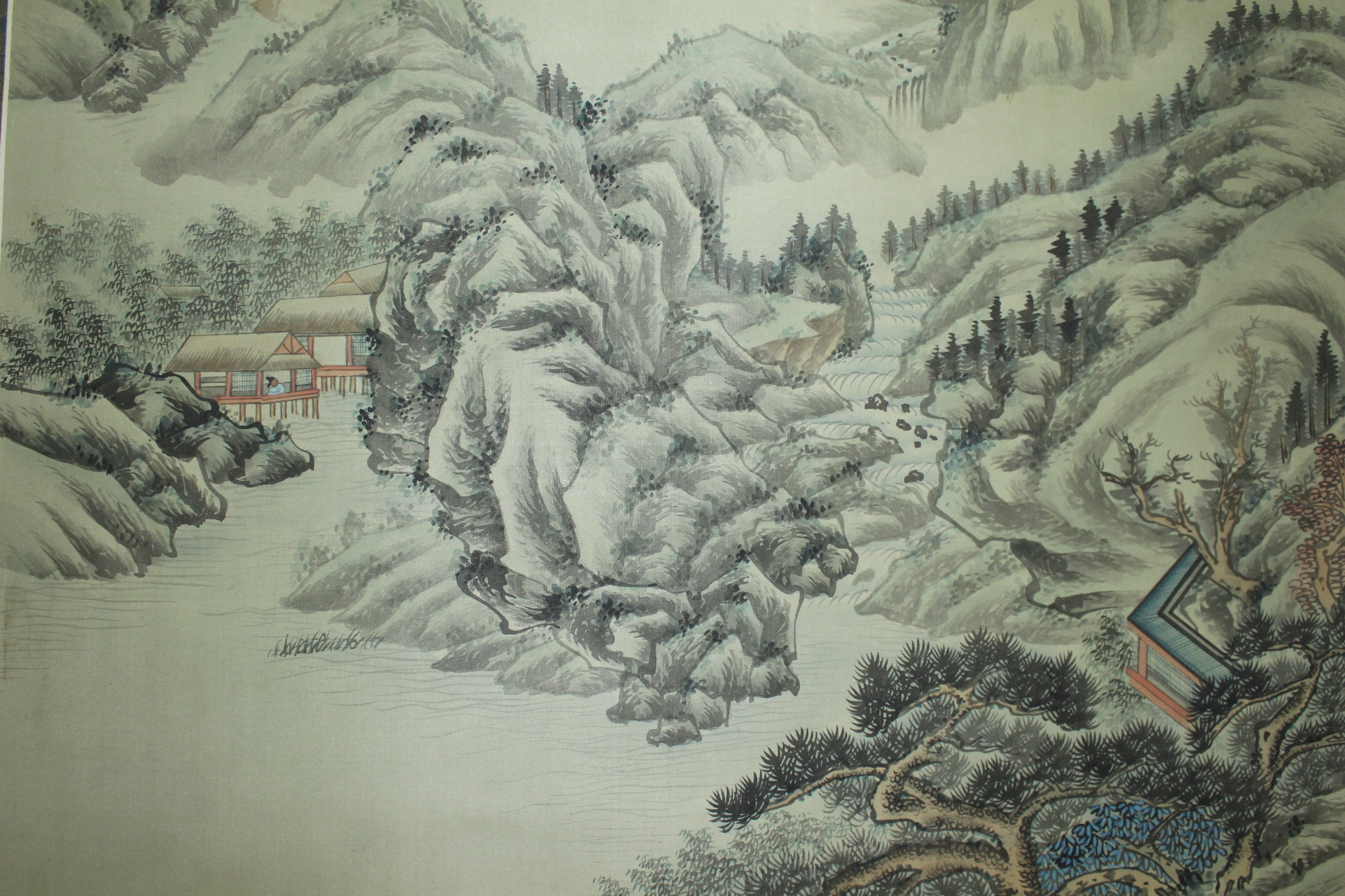 102-중국 베바닥에 그린 대형크기의 산수화 족자