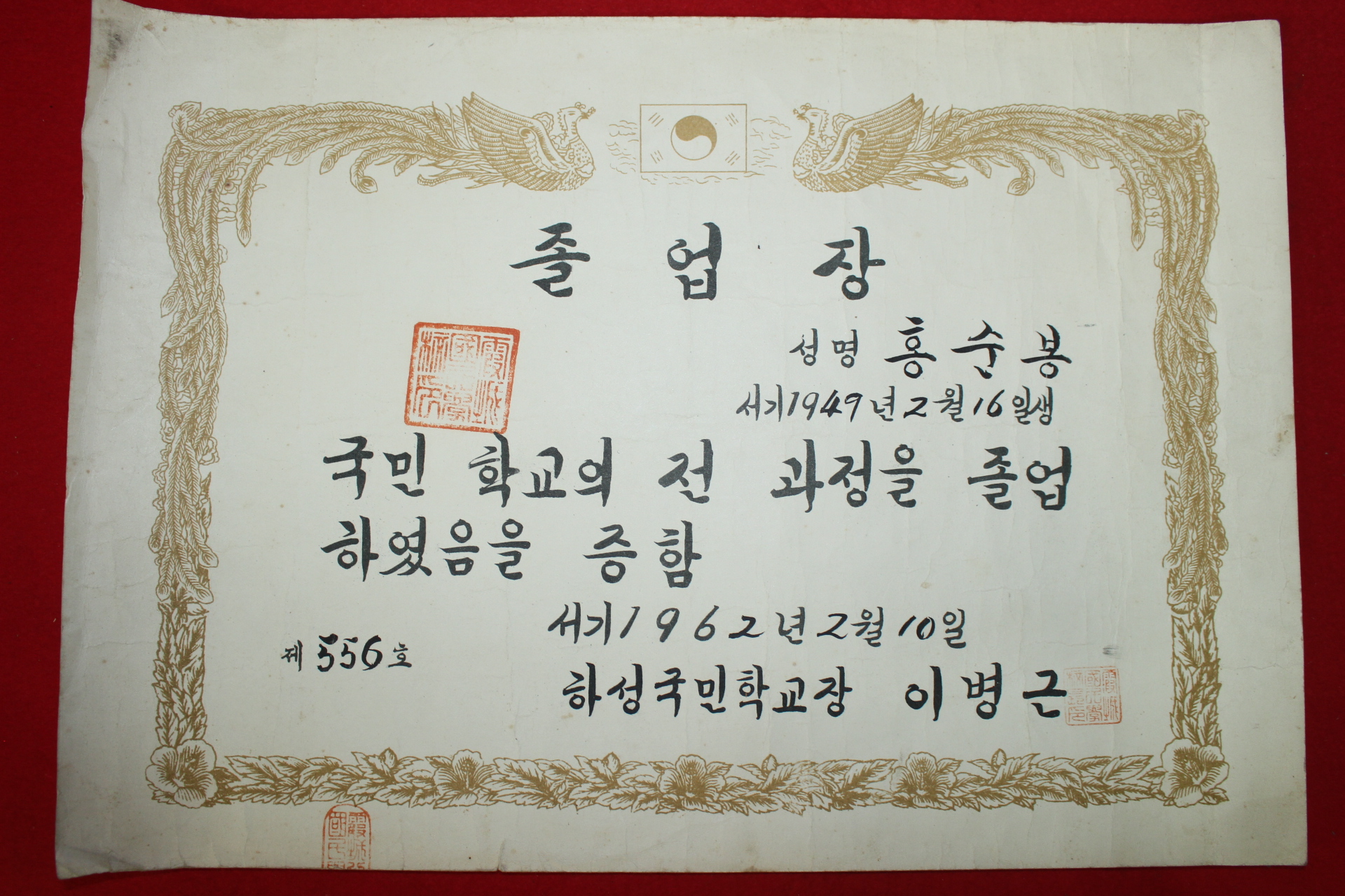 1962년 하성국민학교 졸업장