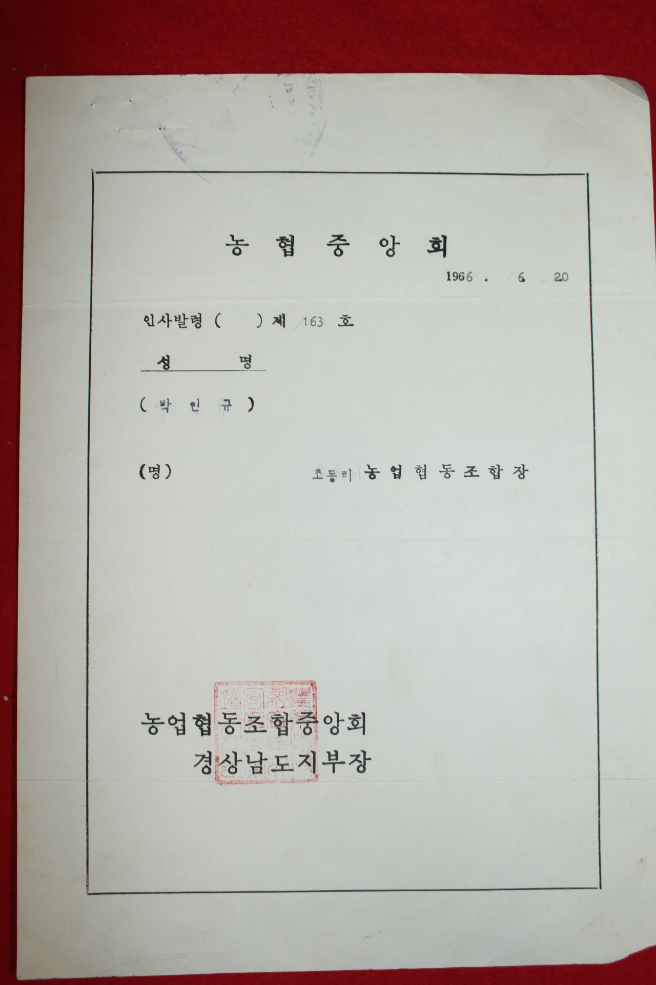 1966년 농업협동조합중앙회 경상남도지부장 인사발령장