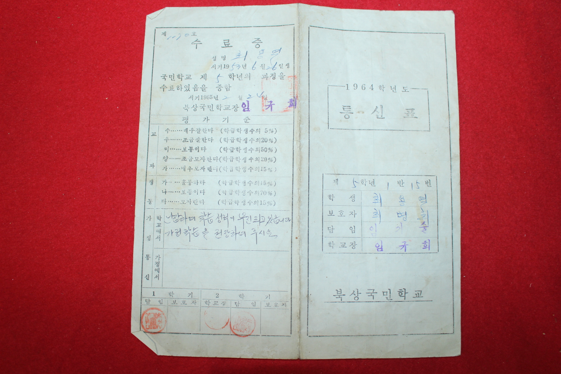 1964년 북상국민학교 통신표