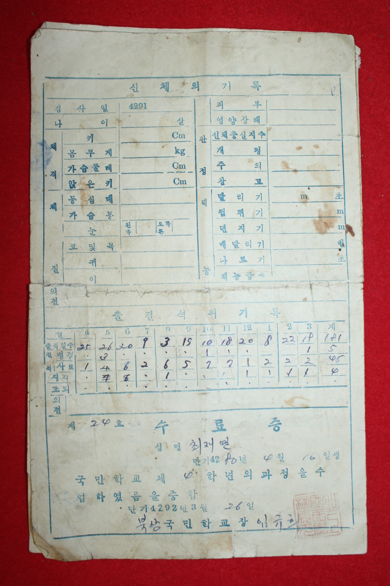 1958년(단기4291년) 북상국민학교 생활통지표