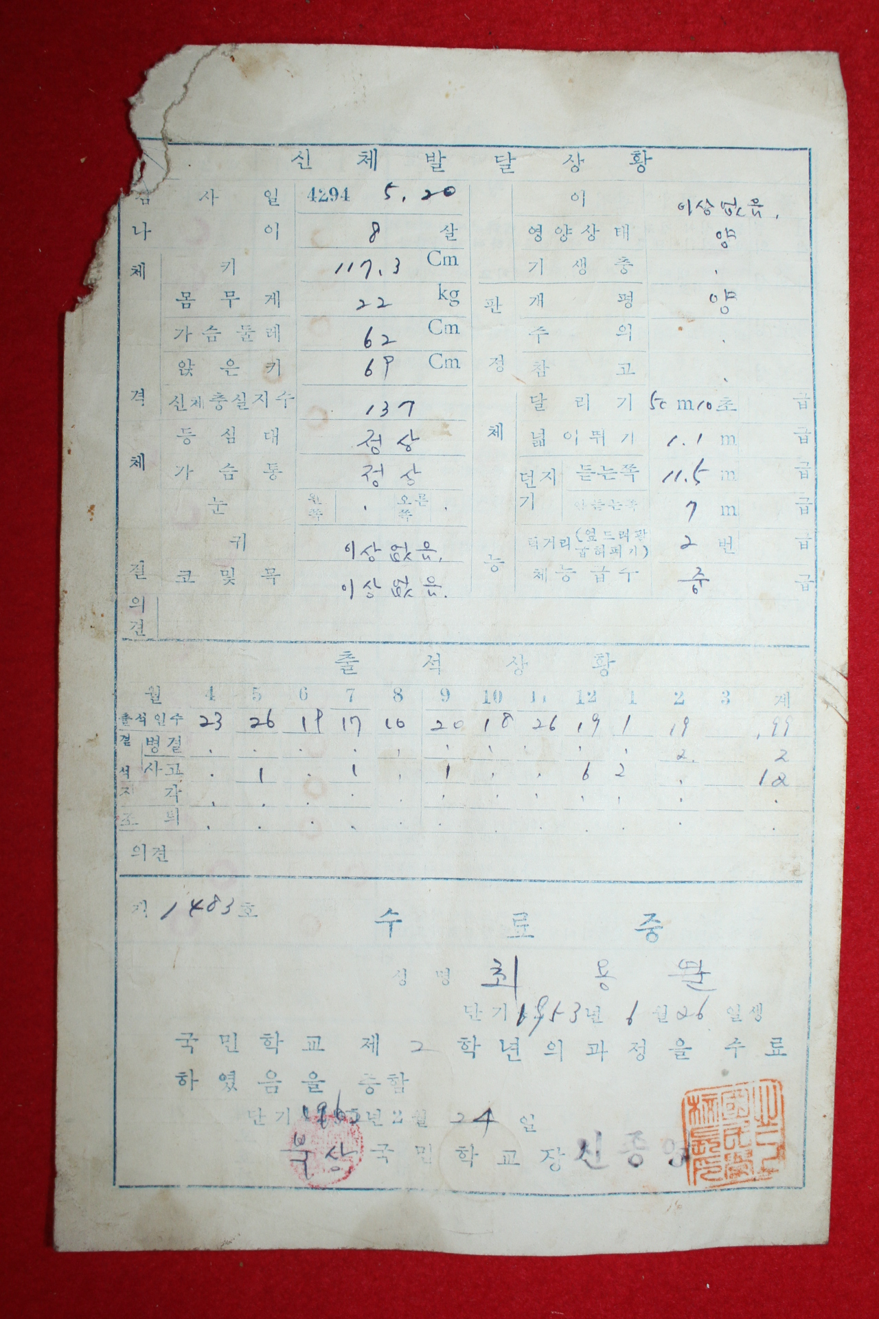 1961년(단기4294년) 북상국민학교 생활통지표