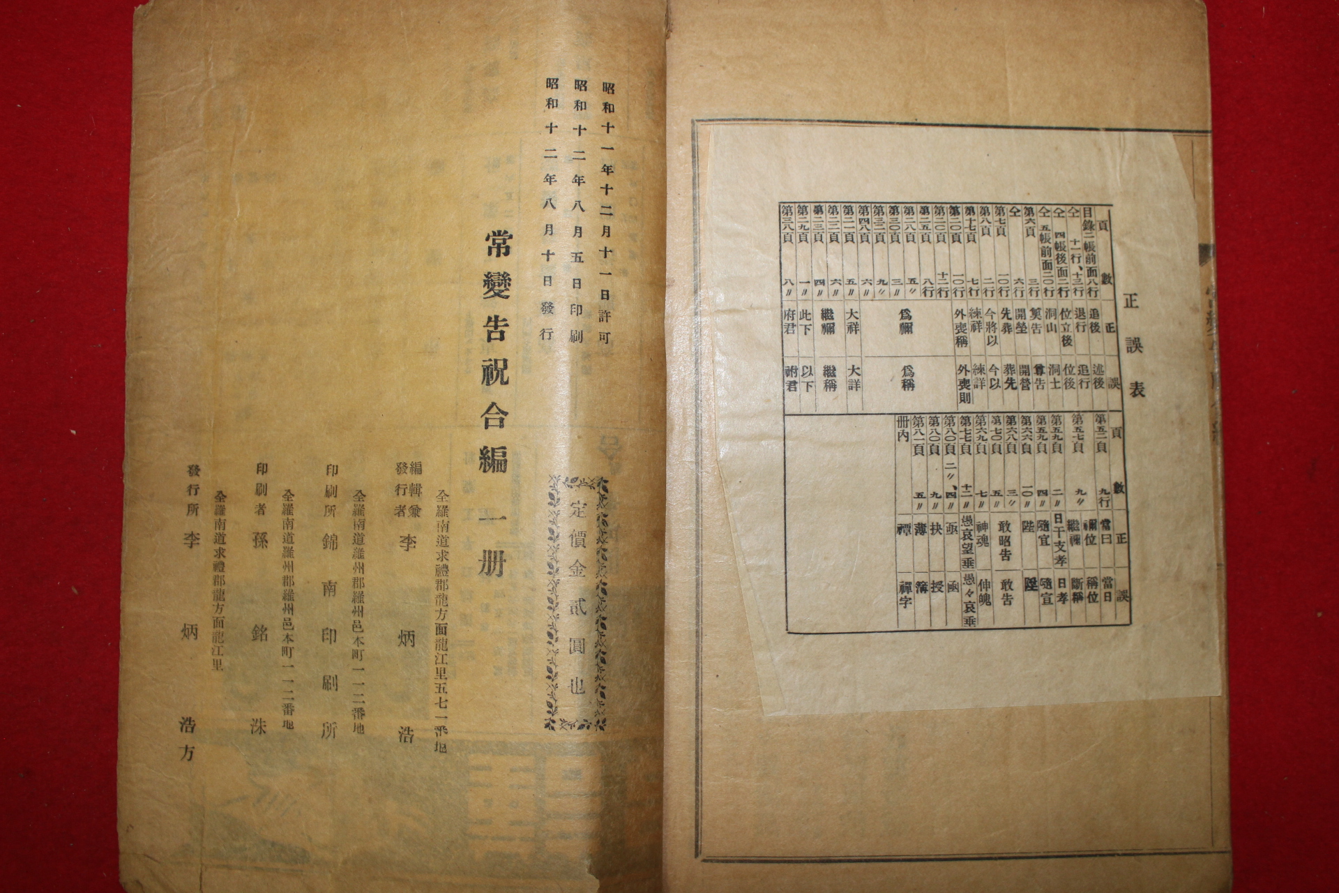 1937년간행 상변고축합편(常變告祝合編) 1책완질