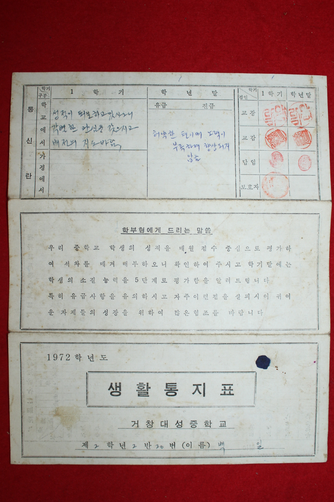 1972년 거창대성중학교 생활통지표