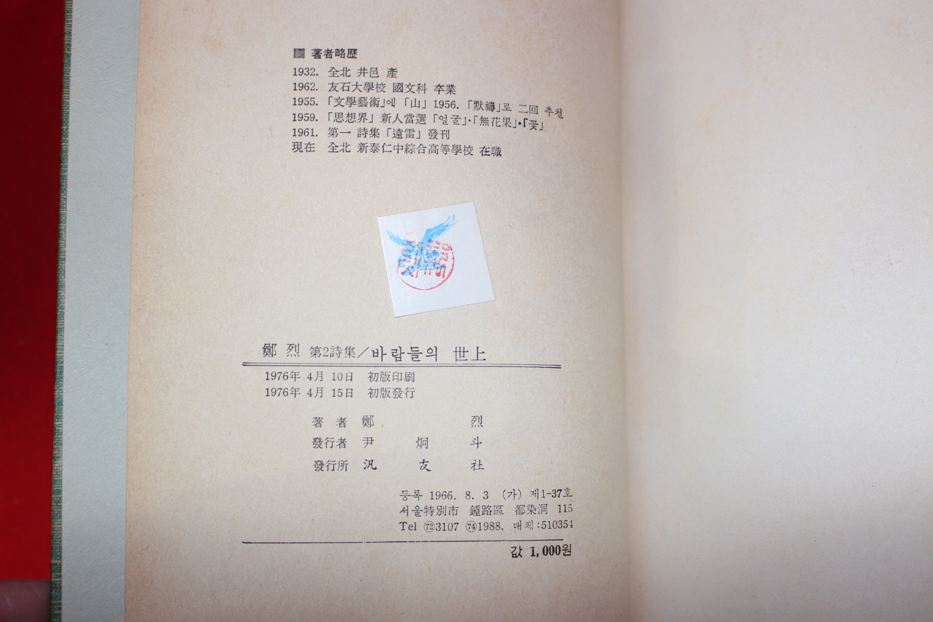 1976년초판 정열(鄭烈)제2시집 바람들의 세상(저자싸인본)