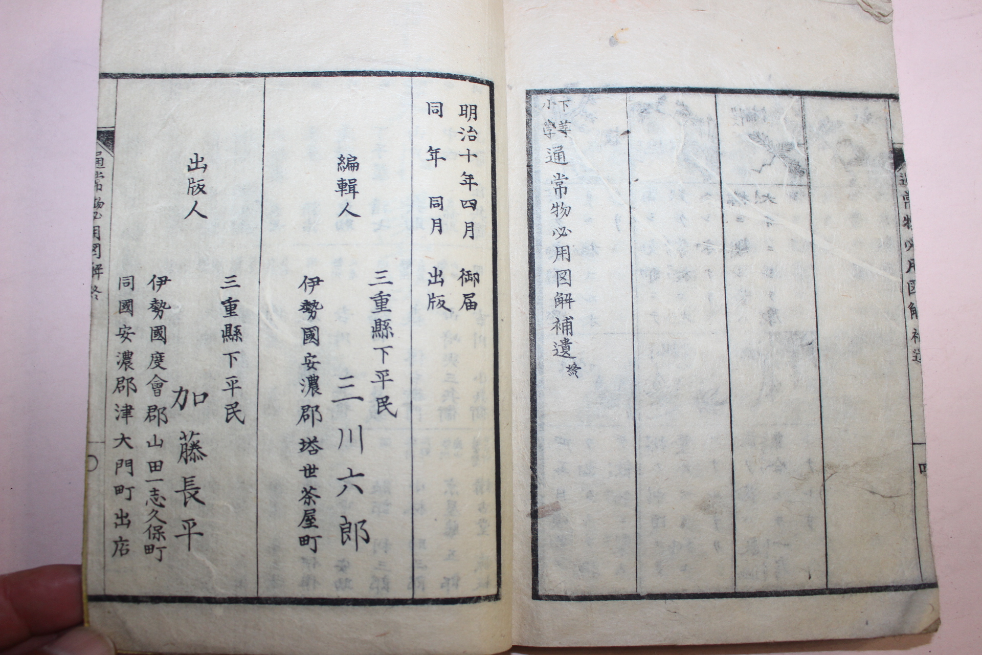 1877년(명치10년) 일본목판본 하등소학 통상물필용도해(通常物必用圖解) 1책완질
