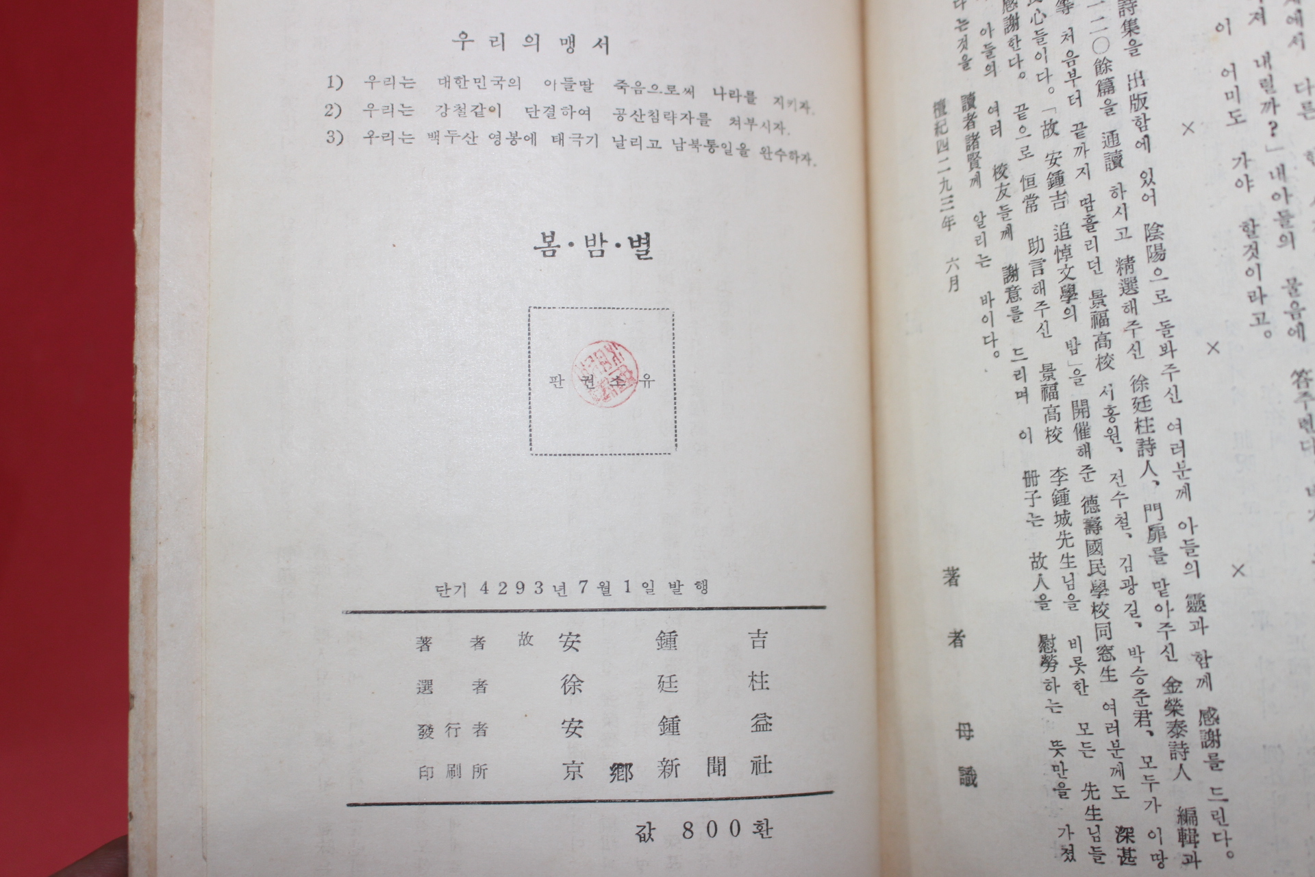 1960년(단기4293년) 안종길(安鍾吉)시집 봄 밤 별(저자싸인본)