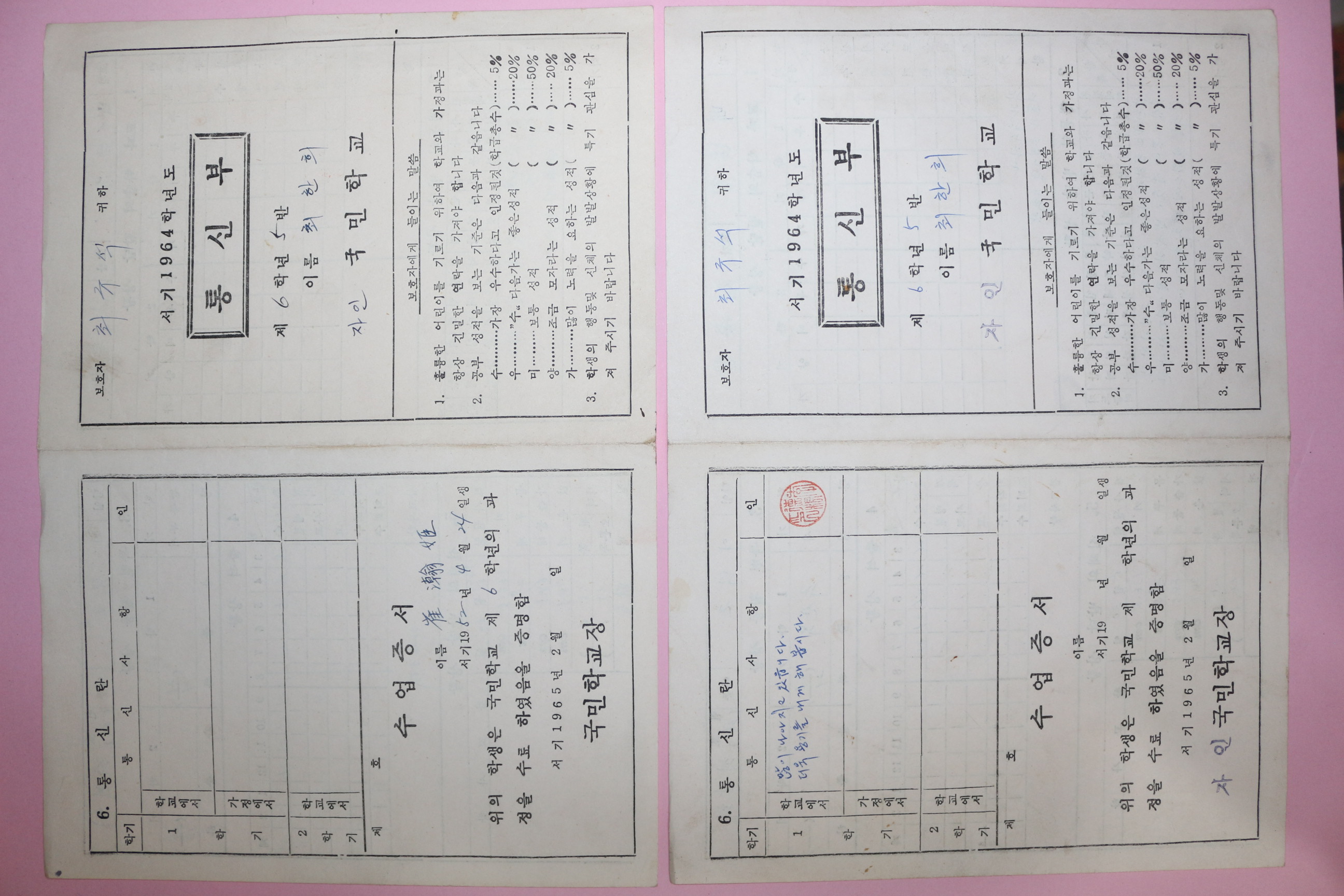 1964년 자인국민학교 통신부 2장