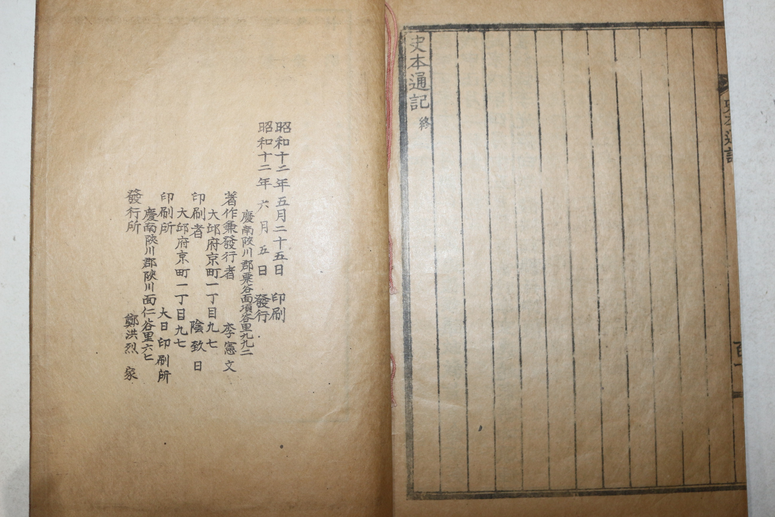 1937년 합천 정홍열가 간행 이헌문(李憲文)편 사본통기(史本通記) 1책완질