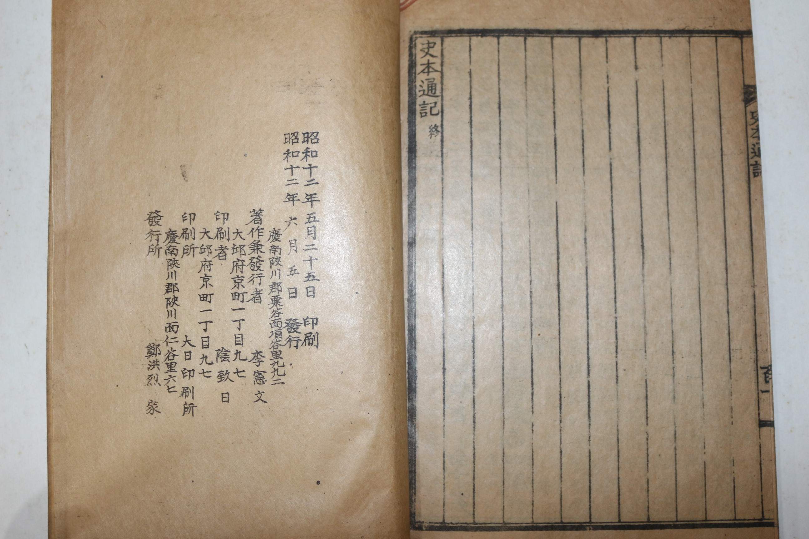 1937년 합천 정홍열가 간행 이헌문(李憲文)편 사본통기(史本通記) 1책완질